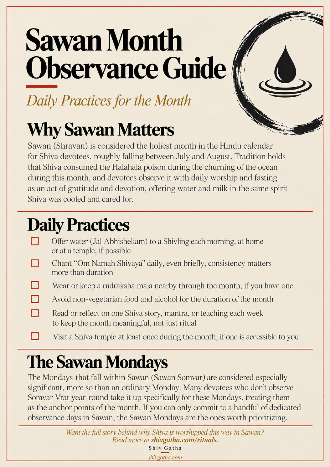 Printable Sawan month observance guide with daily practices and guidance for Sawan Mondays