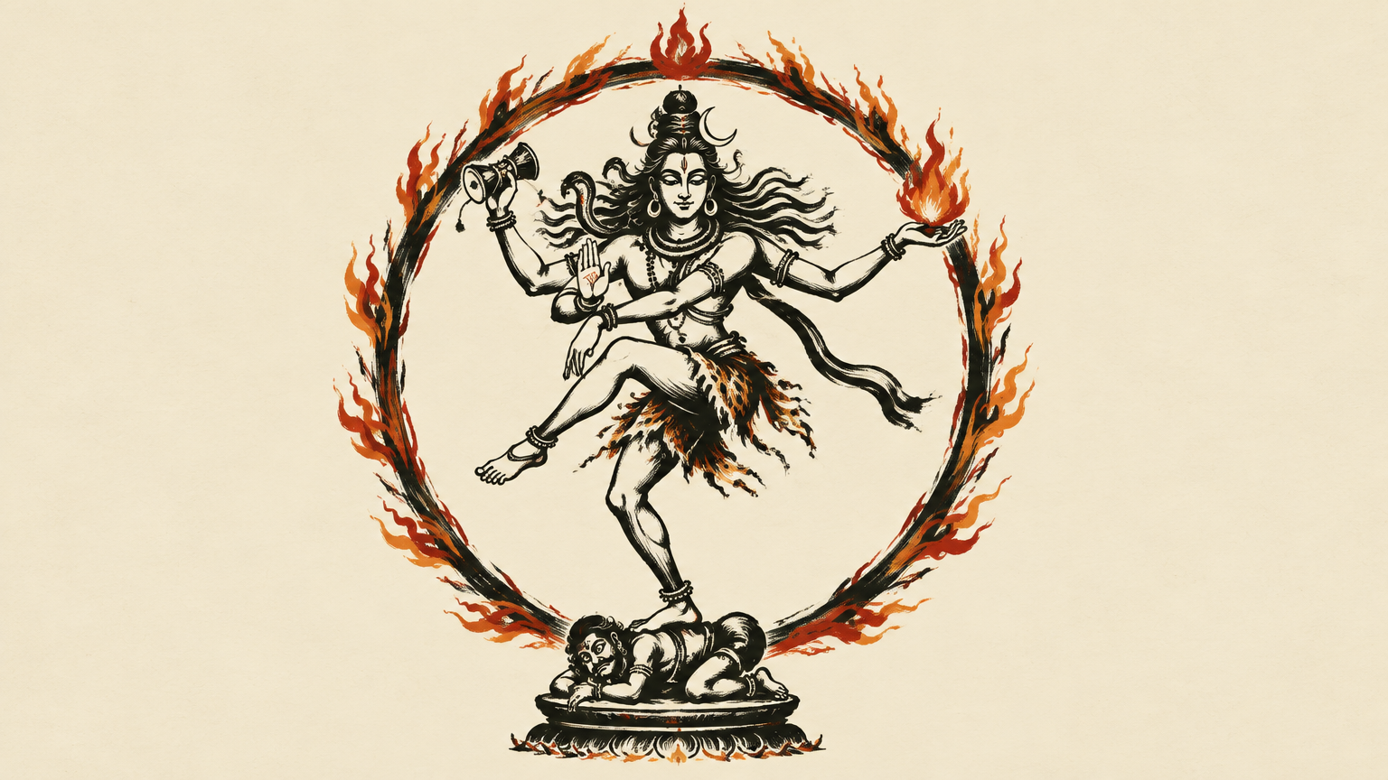 Illustration of Shiva as Nataraja dancing within a ring of fire for the explainer on the cosmic dance
