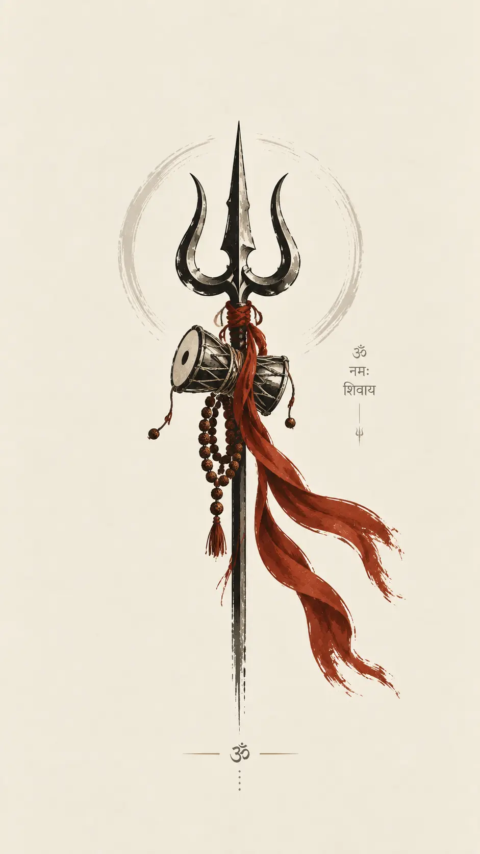 Trishul and damaru crossed against a plain sky — Shiva wallpaper