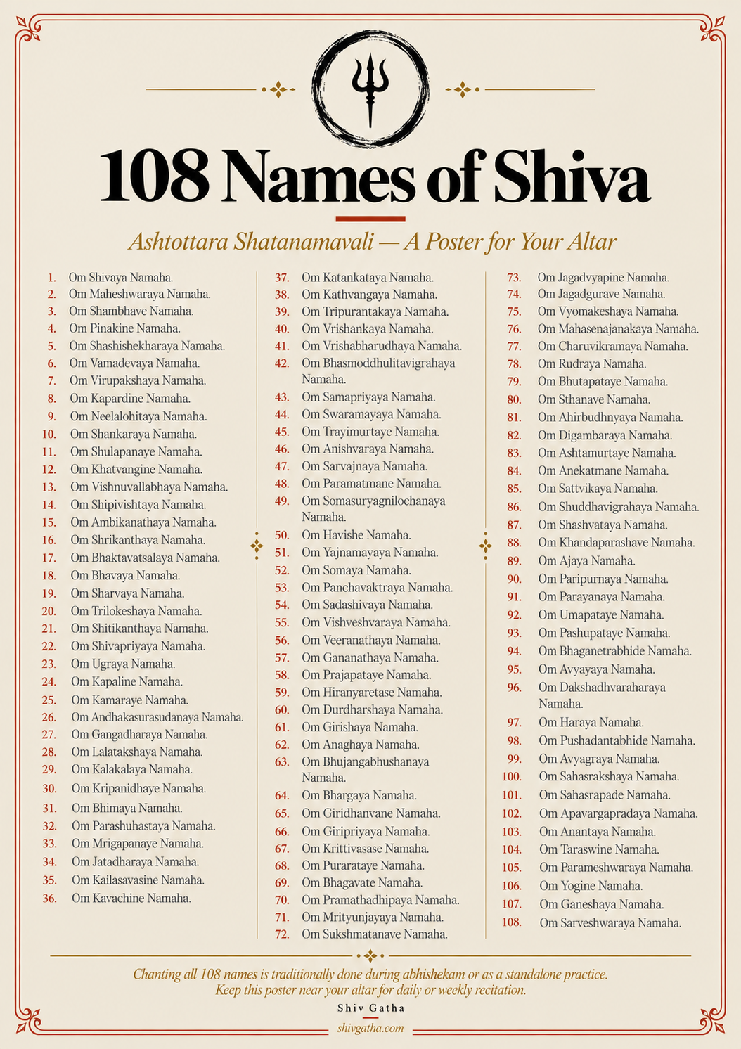 Printable altar poster listing the 108 names of Shiva in three columns