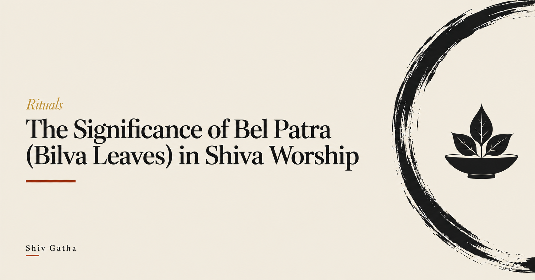 Illustration of three bilva leaves in an offering bowl inside a brush-stroke enso circle for the guide to bel patra in Shiva worship