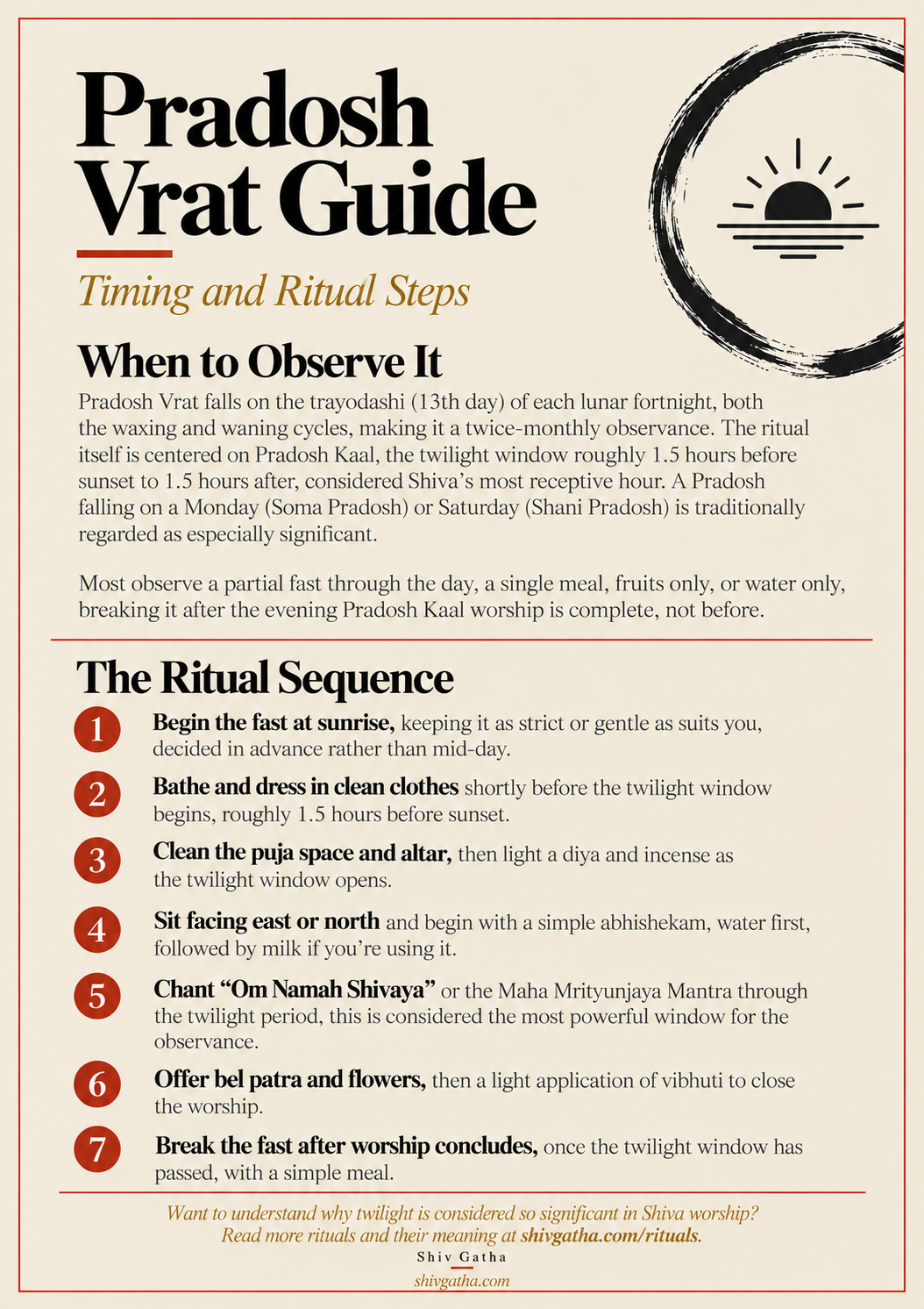 Printable Pradosh Vrat guide with twilight timing and seven ritual steps